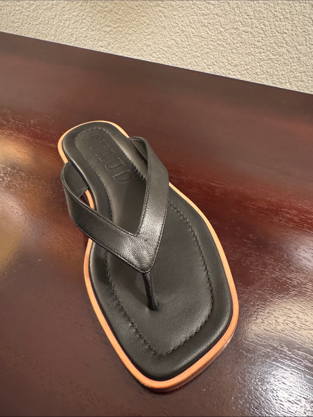 STAUD Dante Black Leather Thong Sandal with Tan Edge